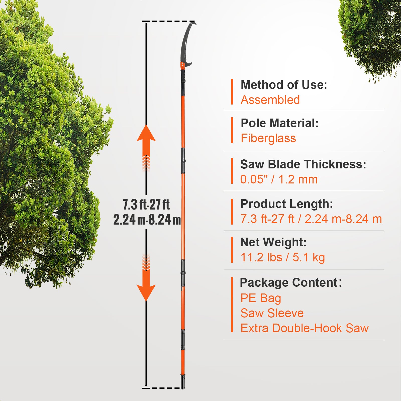 Manual Pole Saw – 7.3–27 ft Extendable Tree Pruner | Lightweight 11 lbs, Double-Lock Fiberglass Poles & Teflon Steel Blade