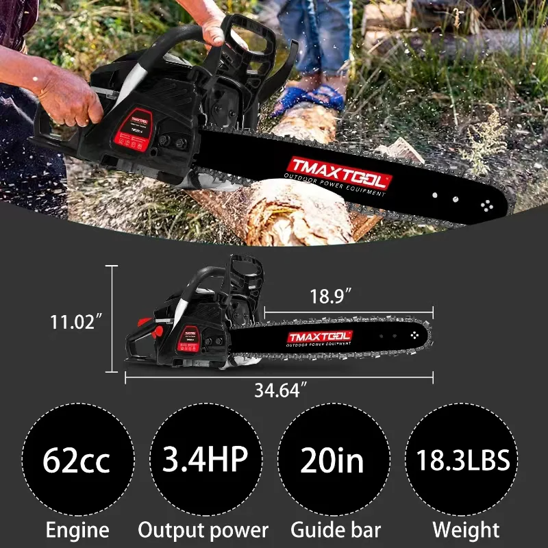 TMAXTOOL 62cc Powerful 20 inch +16 inch Gas Chainsaw with 2 Stroke Perfect for Pruning, Limbing, and Sawmill Operations-black