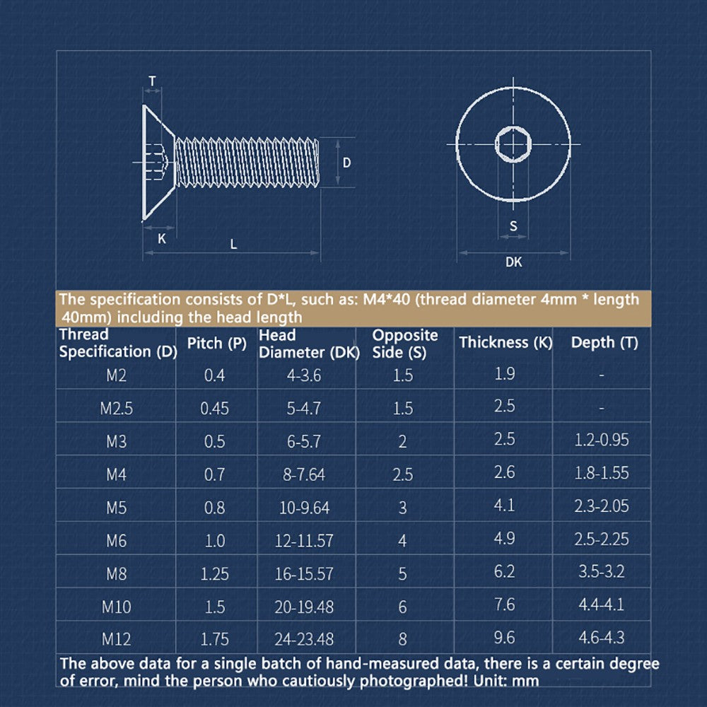 M8 M10 Countersunk Socket Head Screws – 304 Stainless Steel A2, Fully Threaded, 10–150mm