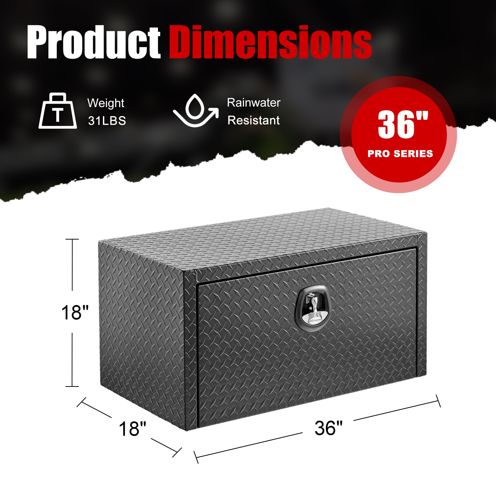 36" Aluminum Underbody Truck Tool Box — Heavy‑Duty Matte Black Diamond Plate, Waterproof & Lockable
