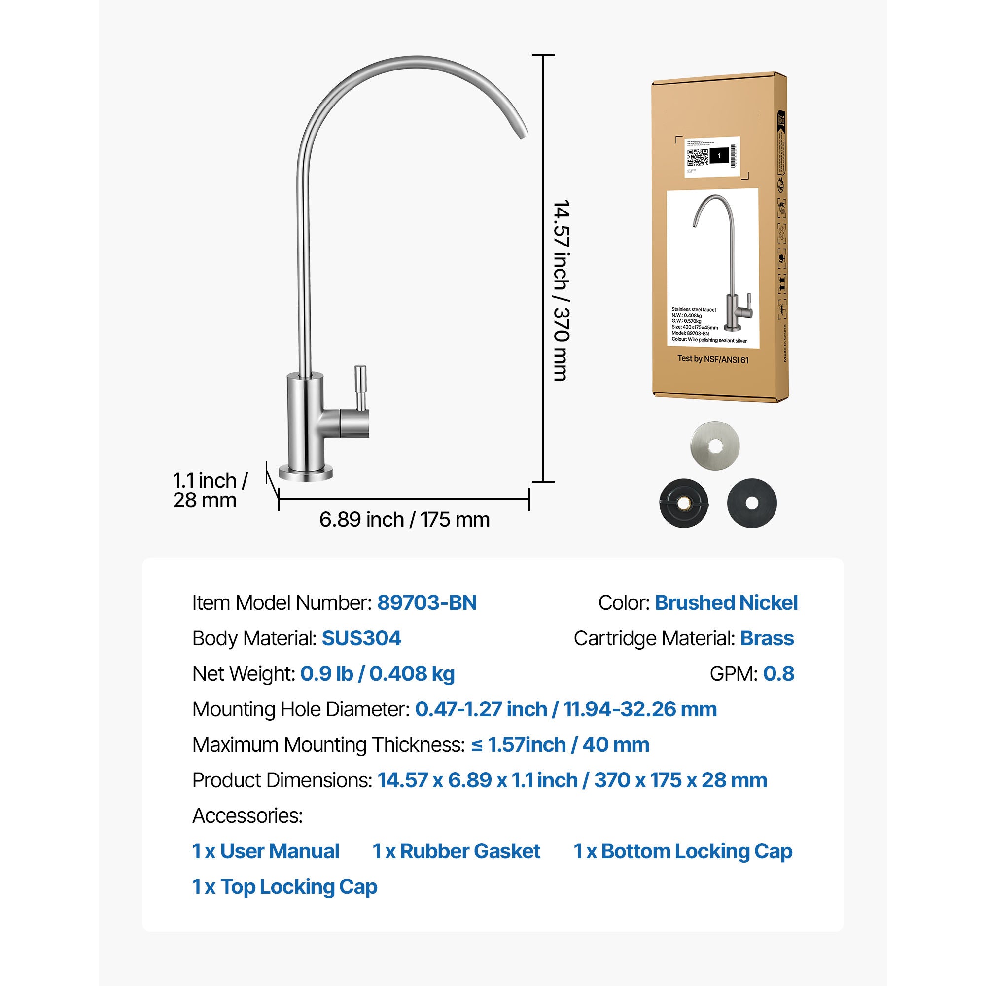 Stainless Steel Faucet, Lead-Free Drinking Water Faucets, Reverse Osmosis Faucet with Solid Brass Valve, High Arch Filtered Water Faucets For Kitchen Sink, Bar Counter, Cafe Shop, Brushed Nickel