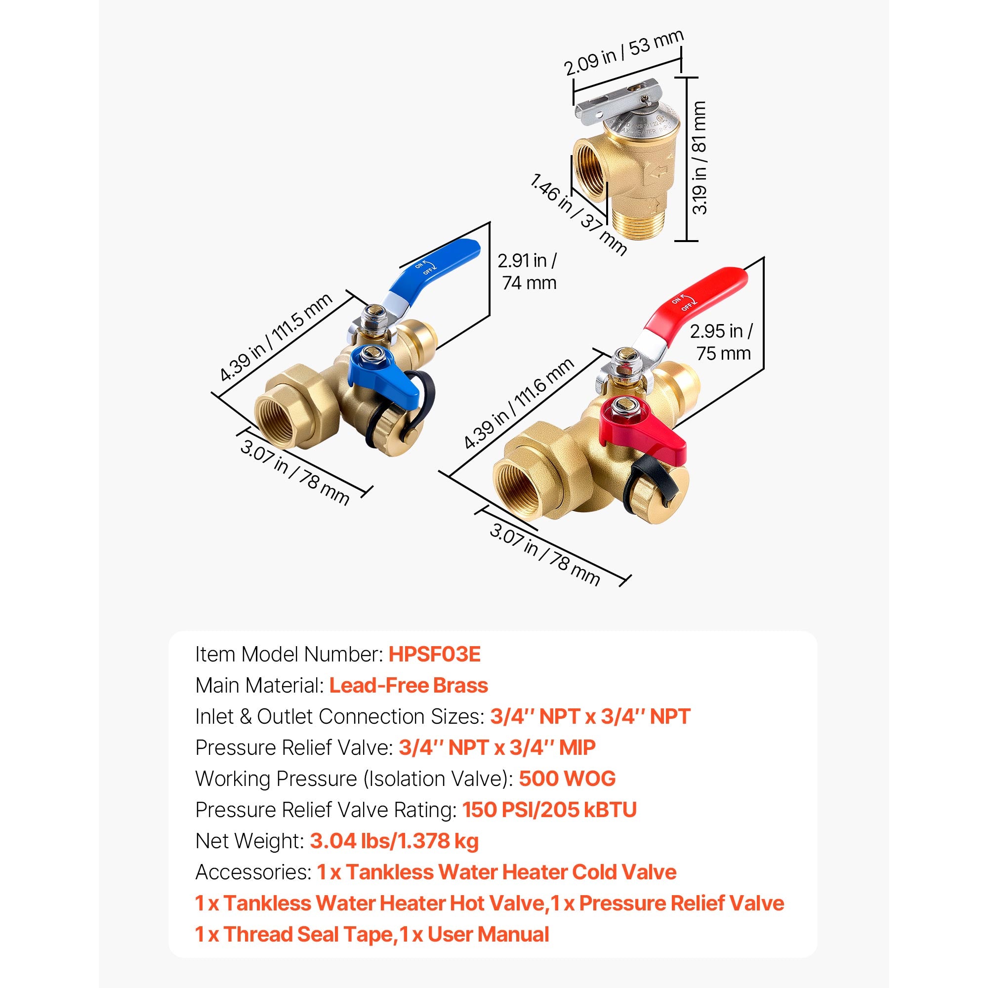 Tankless Water Heater Service Valve Kit – 3/4” NPT to PTC Isolation Valves + Pressure Relief, Lead-Free Brass