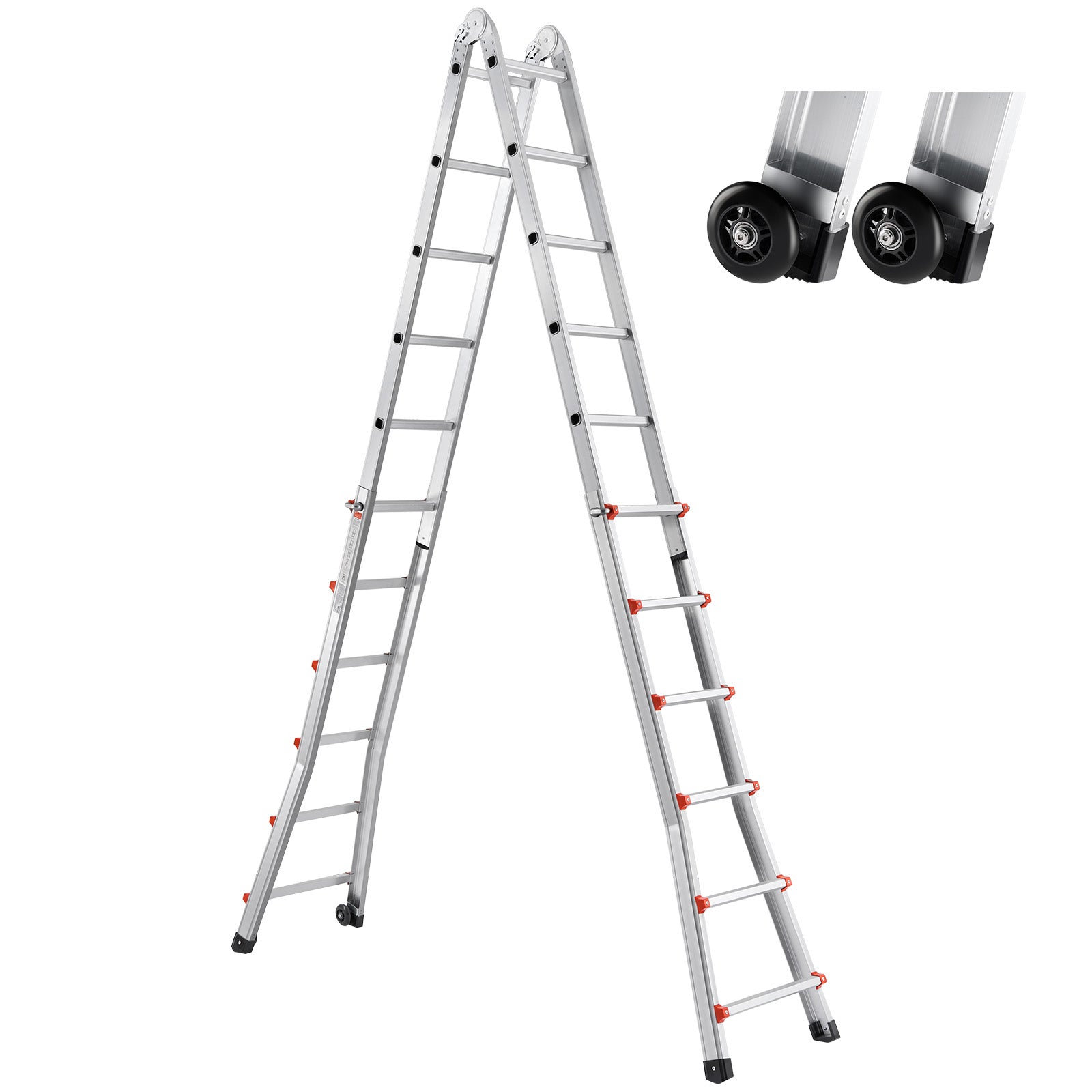 20.5FT Telescoping A‑Frame Aluminum Ladder — 330 lb Capacity, No Assembly, Dual Wheels, Silver