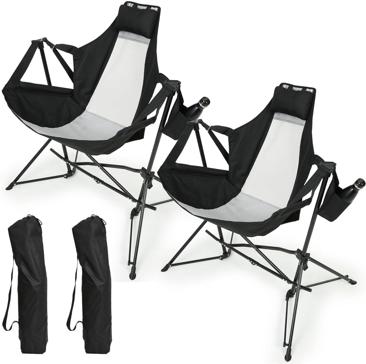 Hammock Camping Chair Set of 2, Folding Rocking, Aluminum, Pillow & Cup Holder, Black | HomeDIYer