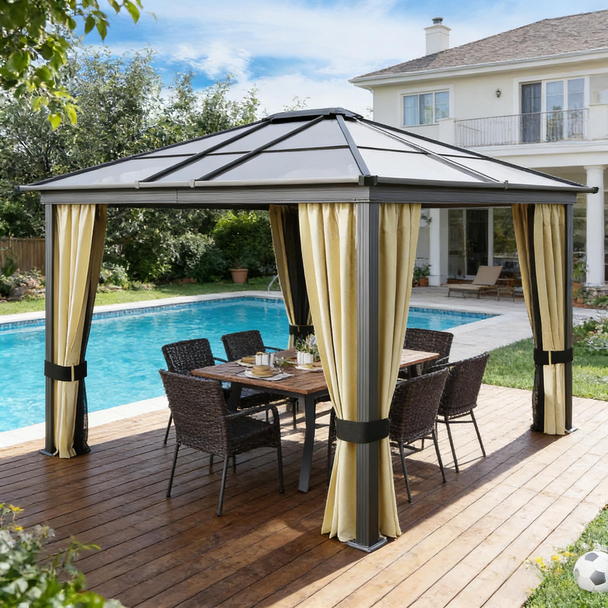 11.8x9.7 FT Hardtop Gazebo, Tinted Polycarbonate Roof, Aluminum Frame, 4 Mesh + 4 Curtain Sidewalls, Beige/Brown