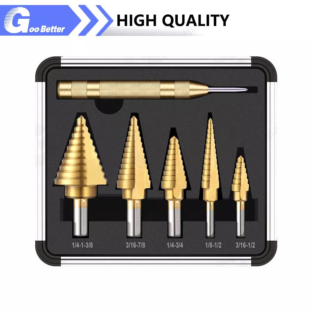 HSS 6PCS Titanium Step Drill Bit Set With Automatic Center Punch for Metal/Wood - HomeDIYer