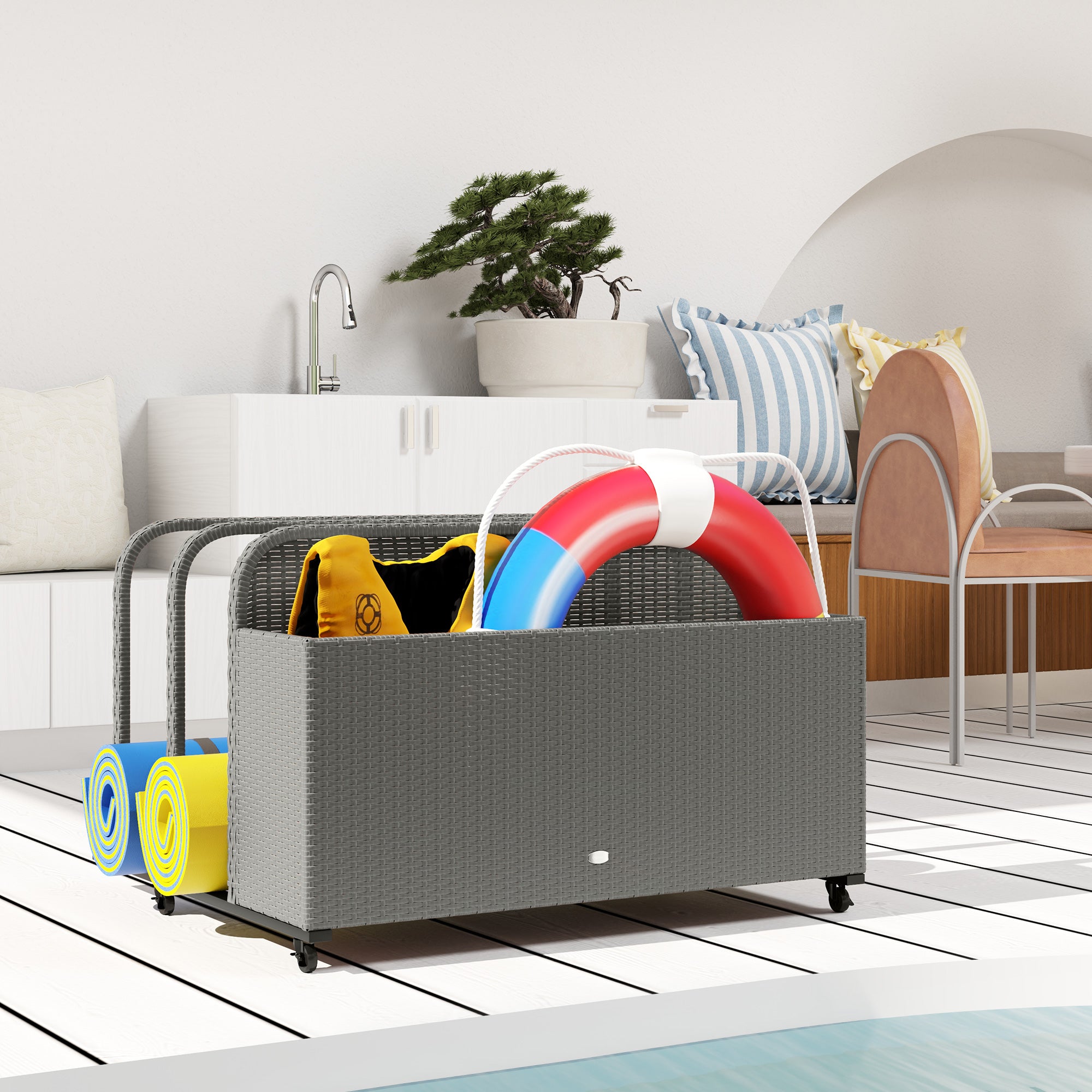 Outsunny Wicker Pool Float Storage Organizer, PE Rattan Outdoor Pool Float Holder with Rolling Wheels & Storage Rack, Mixed Gray