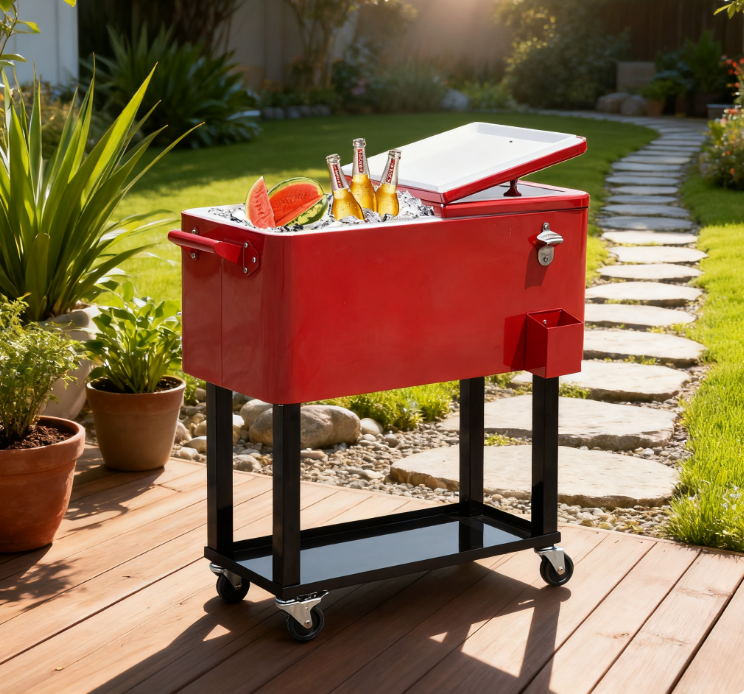 Rolling Cooler 80 Qt Ice Chest on Wheels with Bottle Opener, Steel