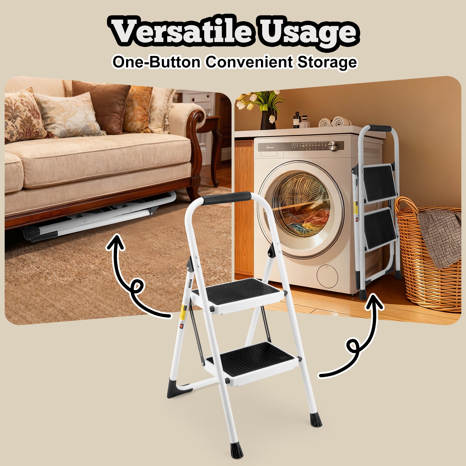 2‑Step Folding Step Stool with Handrails — 330 lb Capacity, Anti‑Slip Wide Pedals, White
