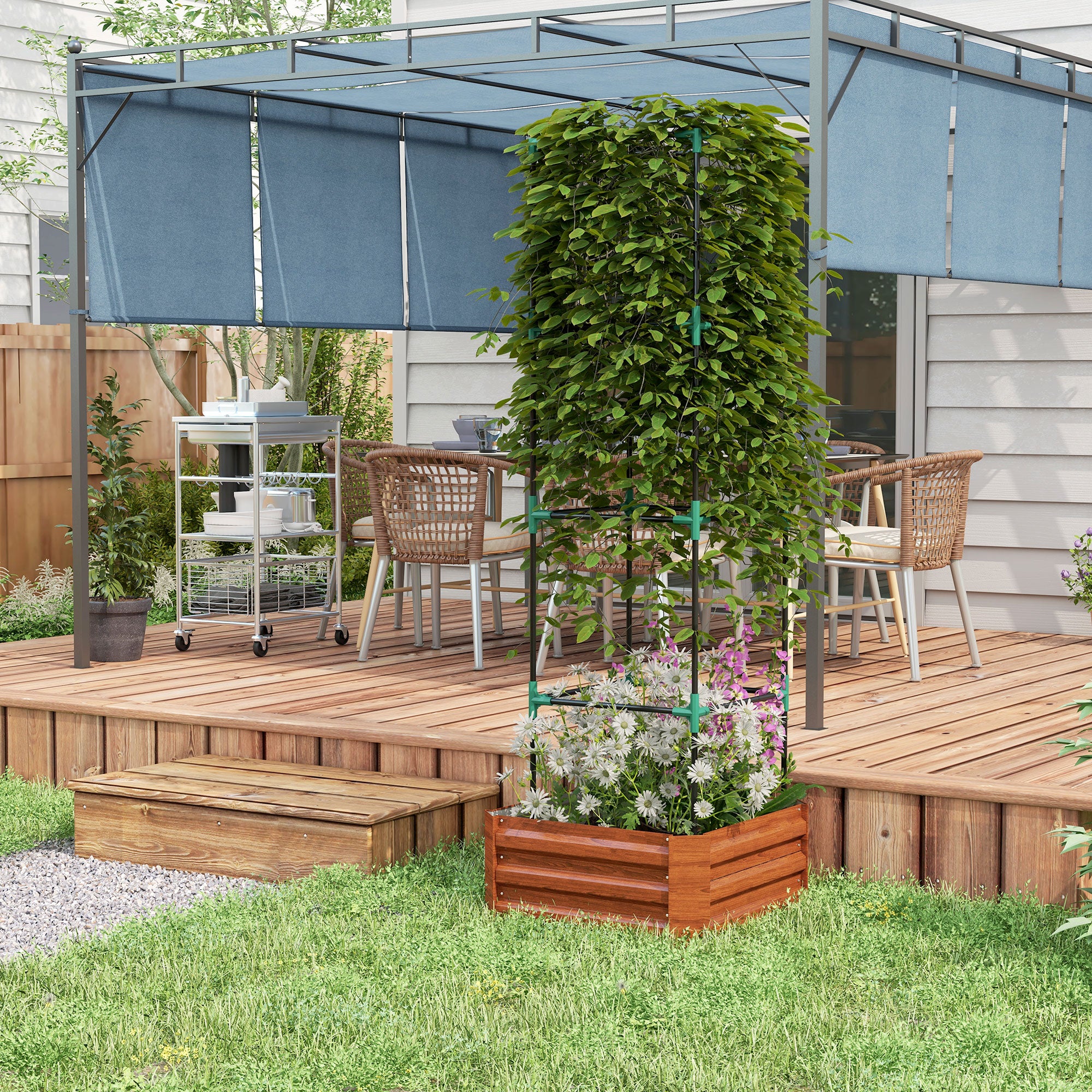 Outsunny Galvanized Raised Garden Bed, 24" x 24" x 11.75" Outdoor Planter Box with Trellis Tomato Cage and Open Bottom for Climbing Vines, Vegetables, Flowers in Backyard, Garden, Patio, Brown