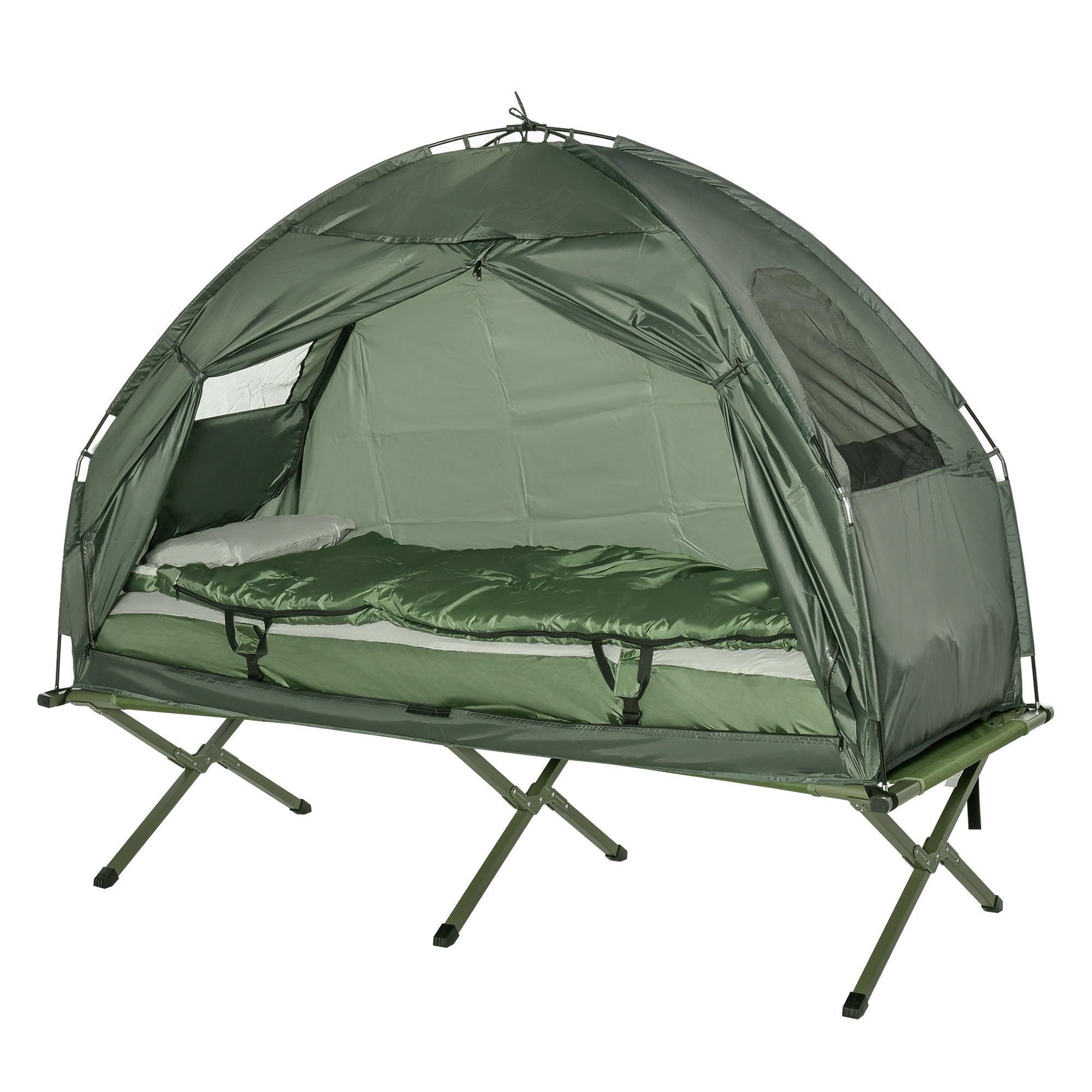 Single Camping Cot Tent with Sleeping Bag, Air Mattress & Pillow – 5-in-1 Elevated Outdoor Bed System
