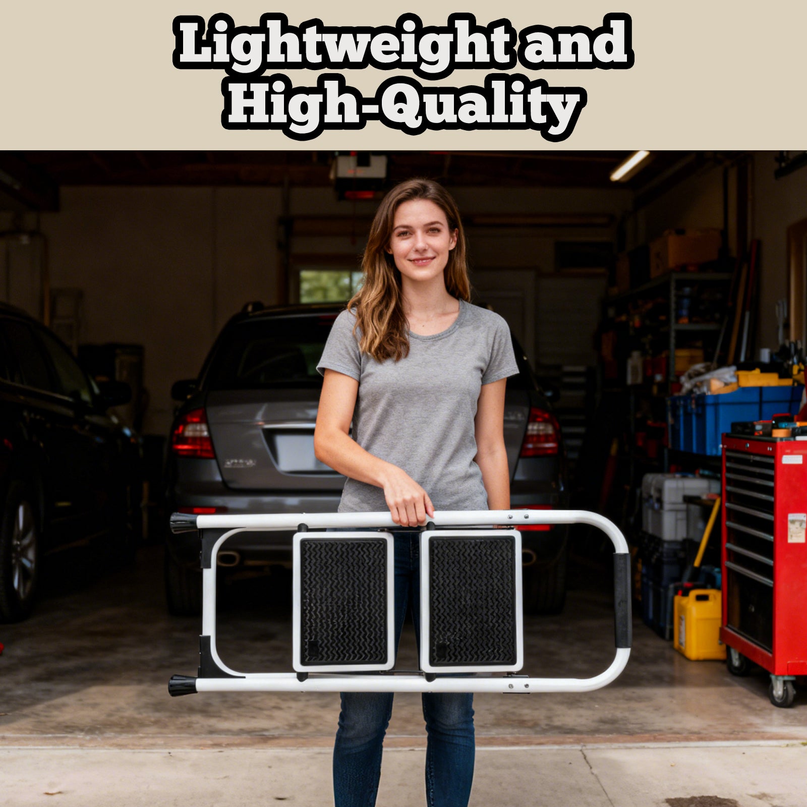 2‑Step Folding Step Stool with Handrails — 330 lb Capacity, Anti‑Slip Wide Pedals, White