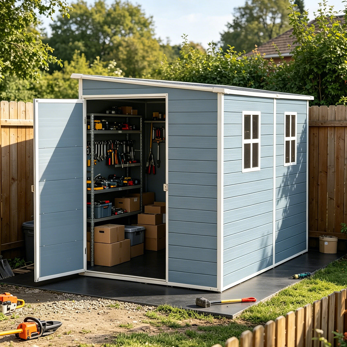 4x8 ft Resin Storage Shed with Floor & Two Windows, Gray
