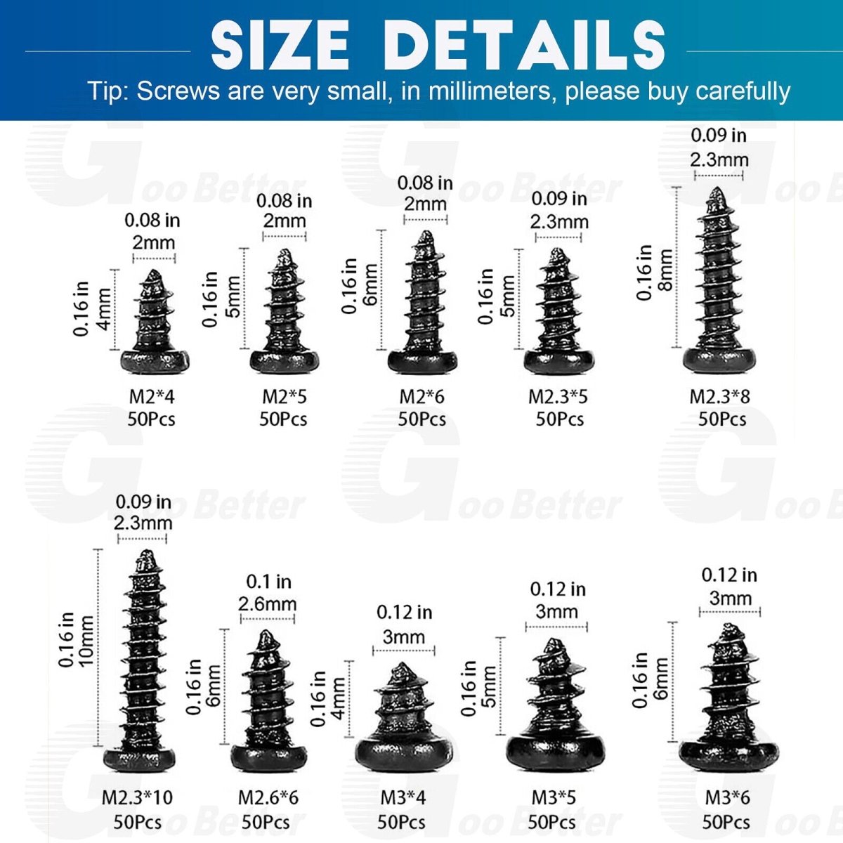 500pcs M2 M2.3 M2.6 M3 Phillips Pan Round Head Self - Tapping Screws Kits Black - HomeDIYer