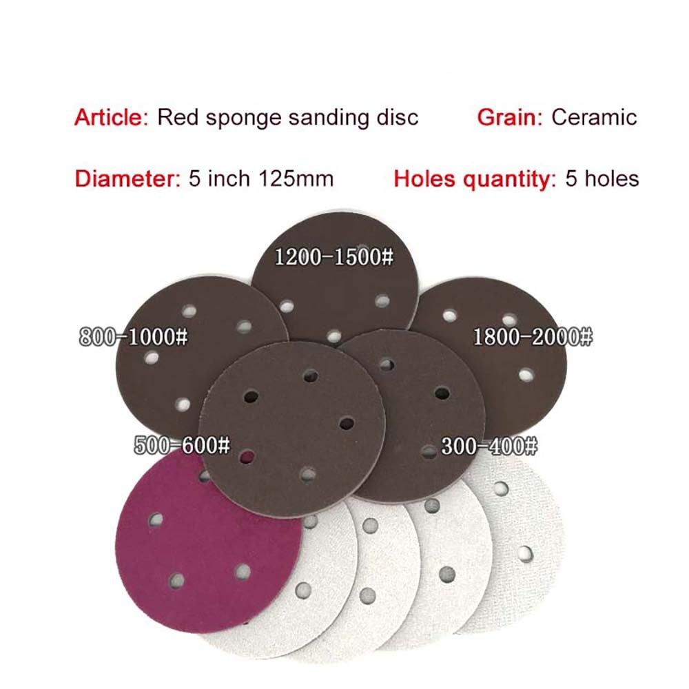5"（125mm）Hook & Loop Sponge Sandpaper 5 Hole Red Sanding Discs 300 - 2000 Grit