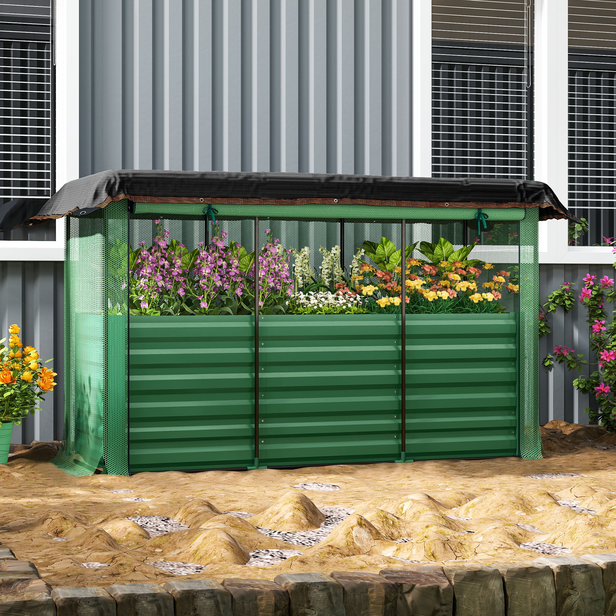 Galvanized Raised Garden Bed, Planter Box with Crop Cage and Shade Cloth, Green