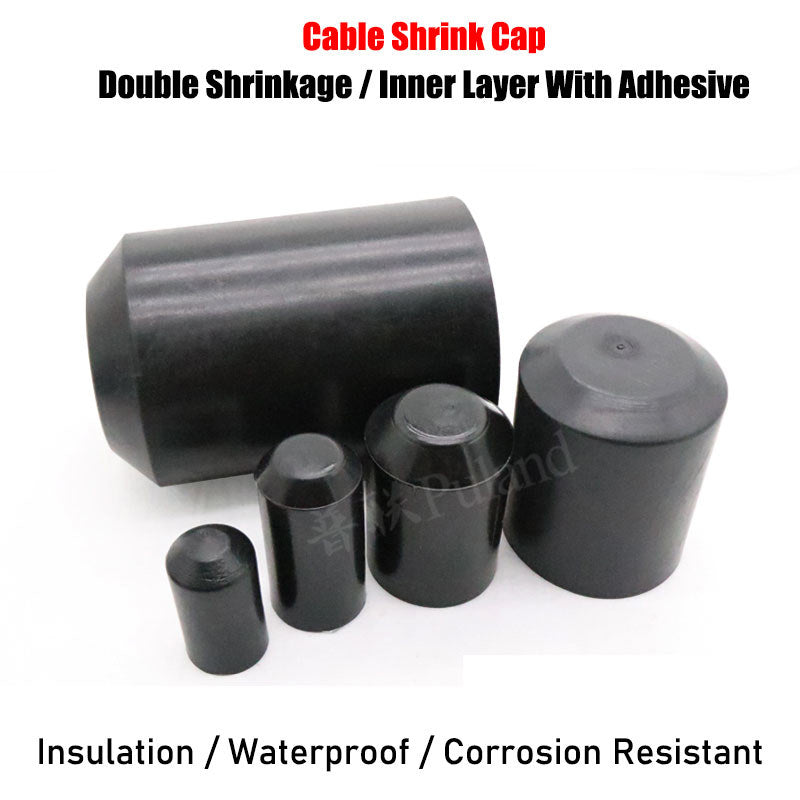 Black heat shrink end caps showing adhesive glue layer (2:1 ratio, 13mm-130mm, 35KV electrical use)