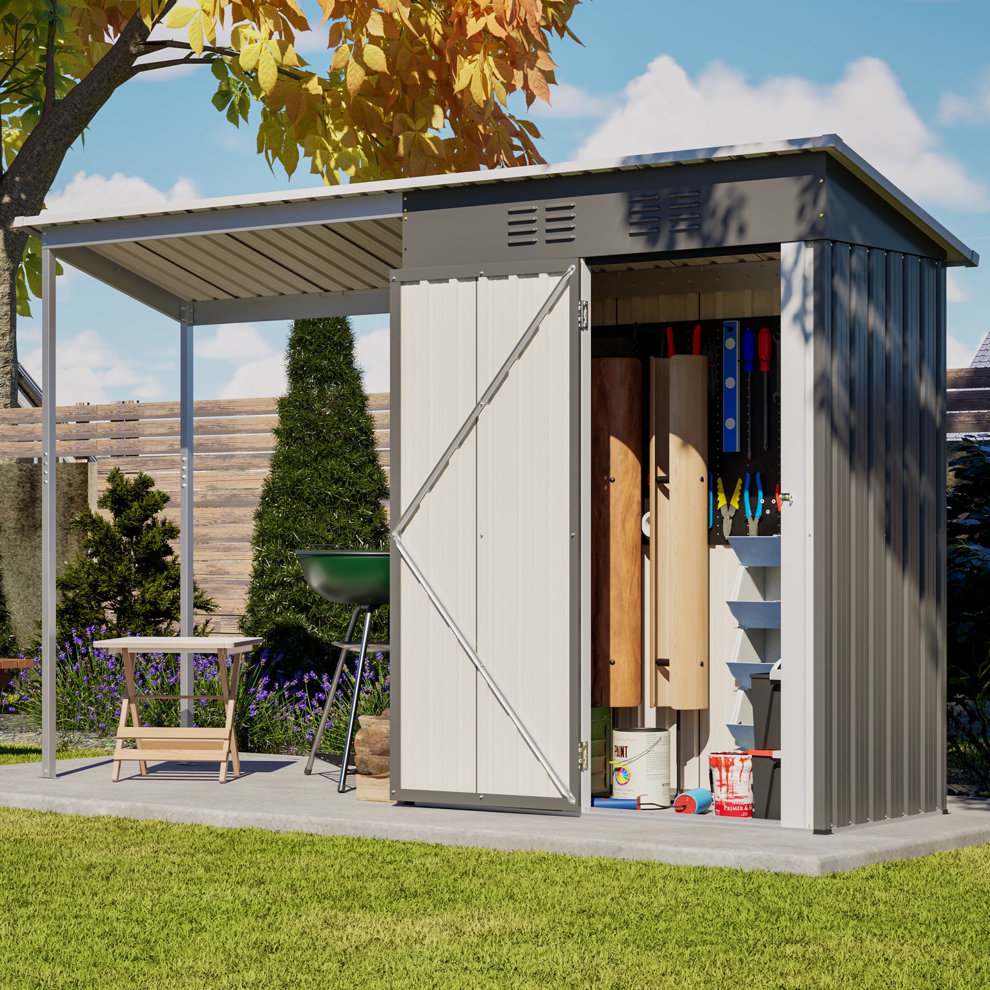 5x3 FT Steel Shed & Pergola Combo, Lean-To Storage with Open Gazebo, Grey