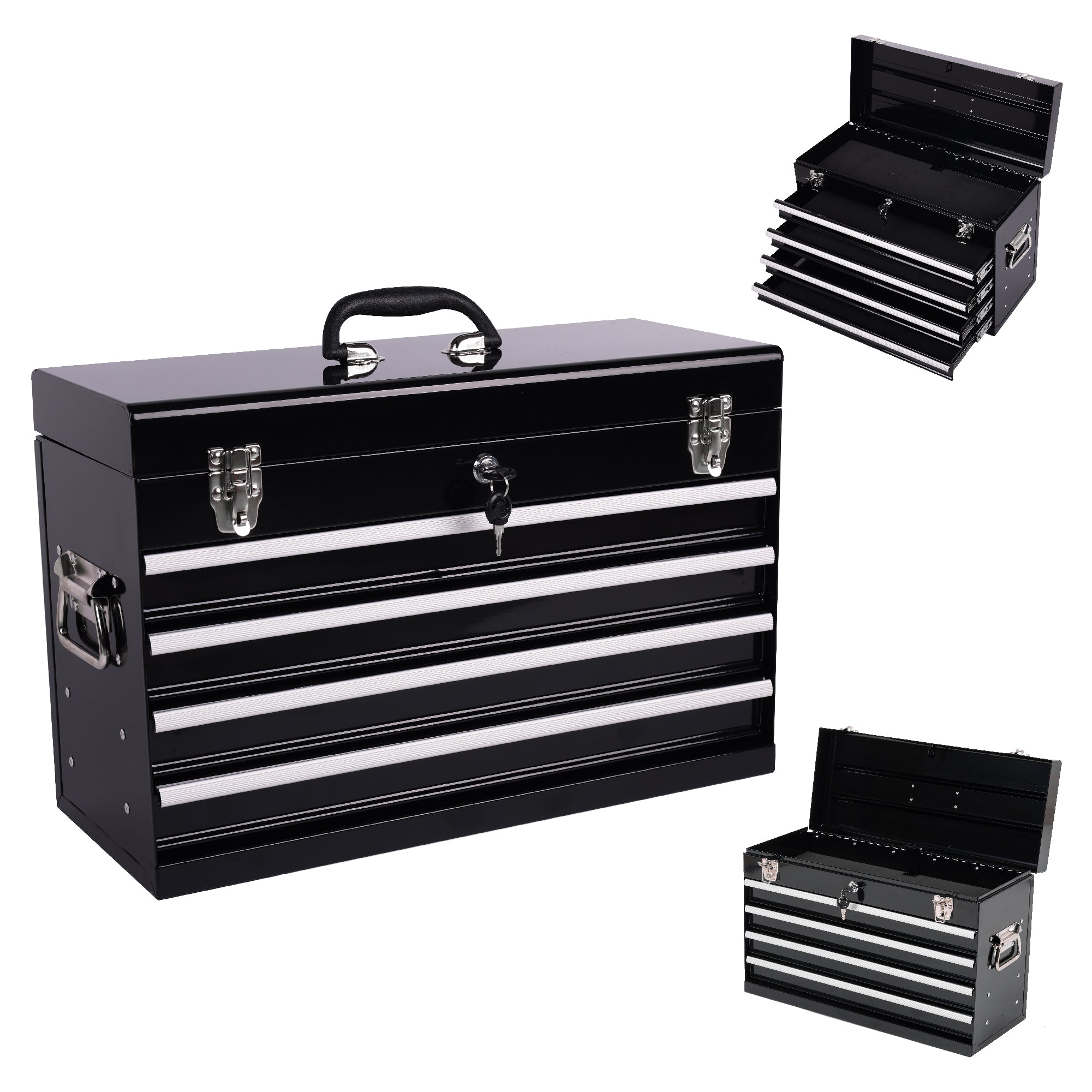 21" Heavy Duty Black Metal Tool Box with 4 Ball-Bearing Drawers