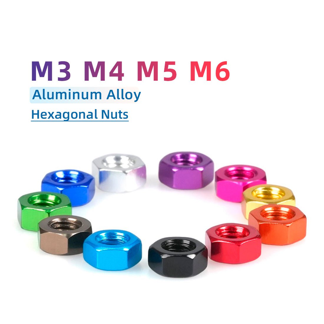 M3 M4 M5 M6 Colourful Anodised Aluminium Aluminum Hexagon Full Nuts - Hex Metric - HomeDIYer