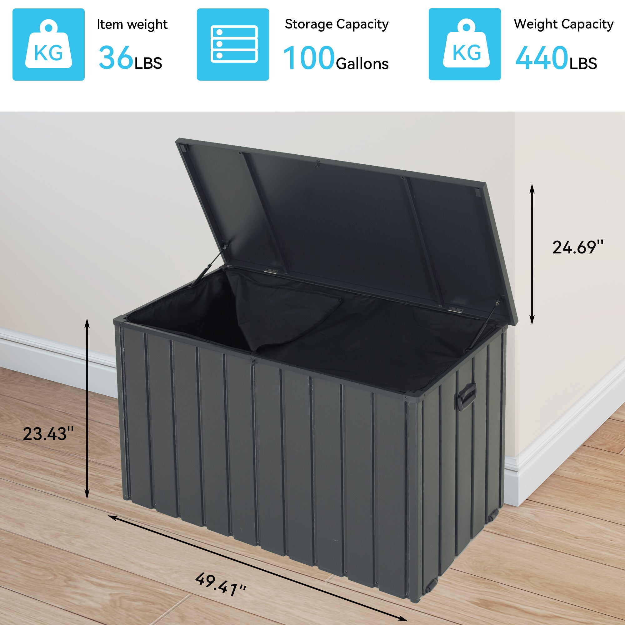100 Gallon Metal Outdoor Deck Box with Built‑in Oxford Fabric Storage Bag – Waterproof Patio Bench, Dark Gray