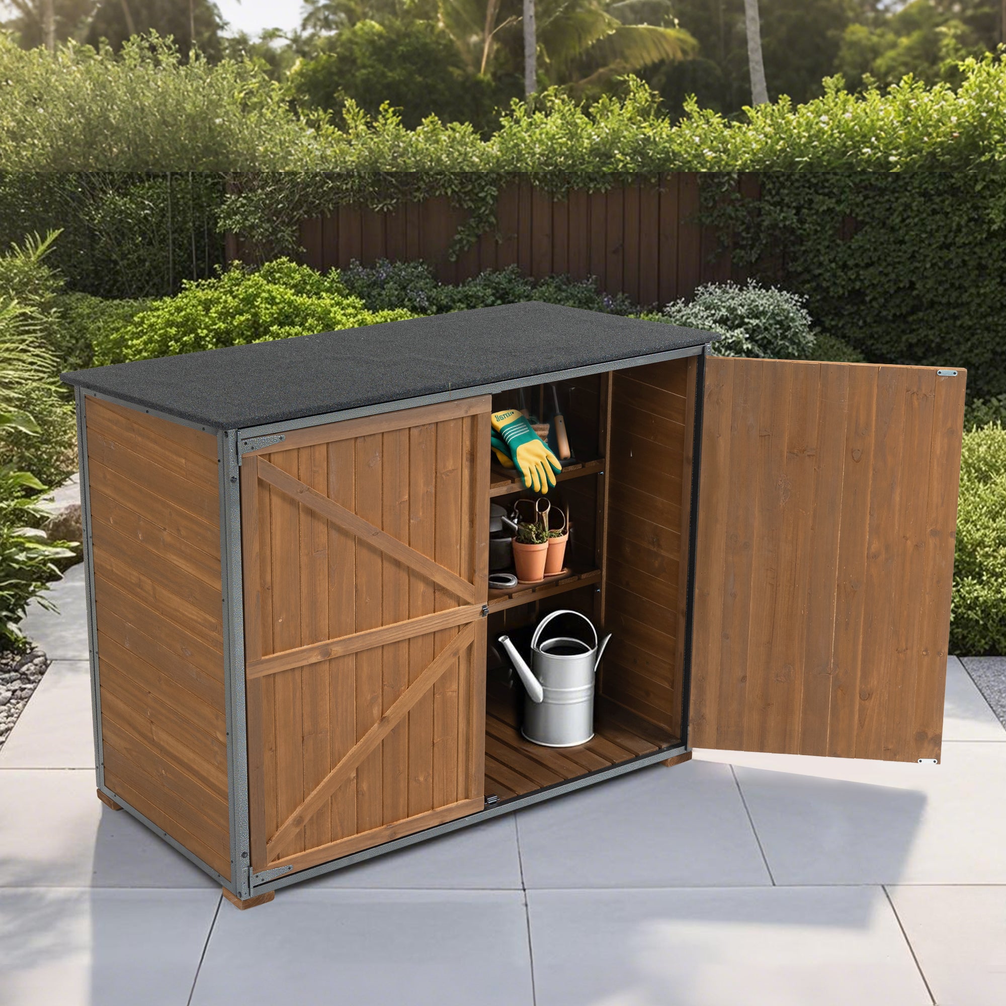 Outdoor Storage Cabinet 50.4"L X 26.8"W X 41"H, Garden Shed Tool Shed with Metal Frame Structure for Backyard Garden Patio Lawn (Brown) 