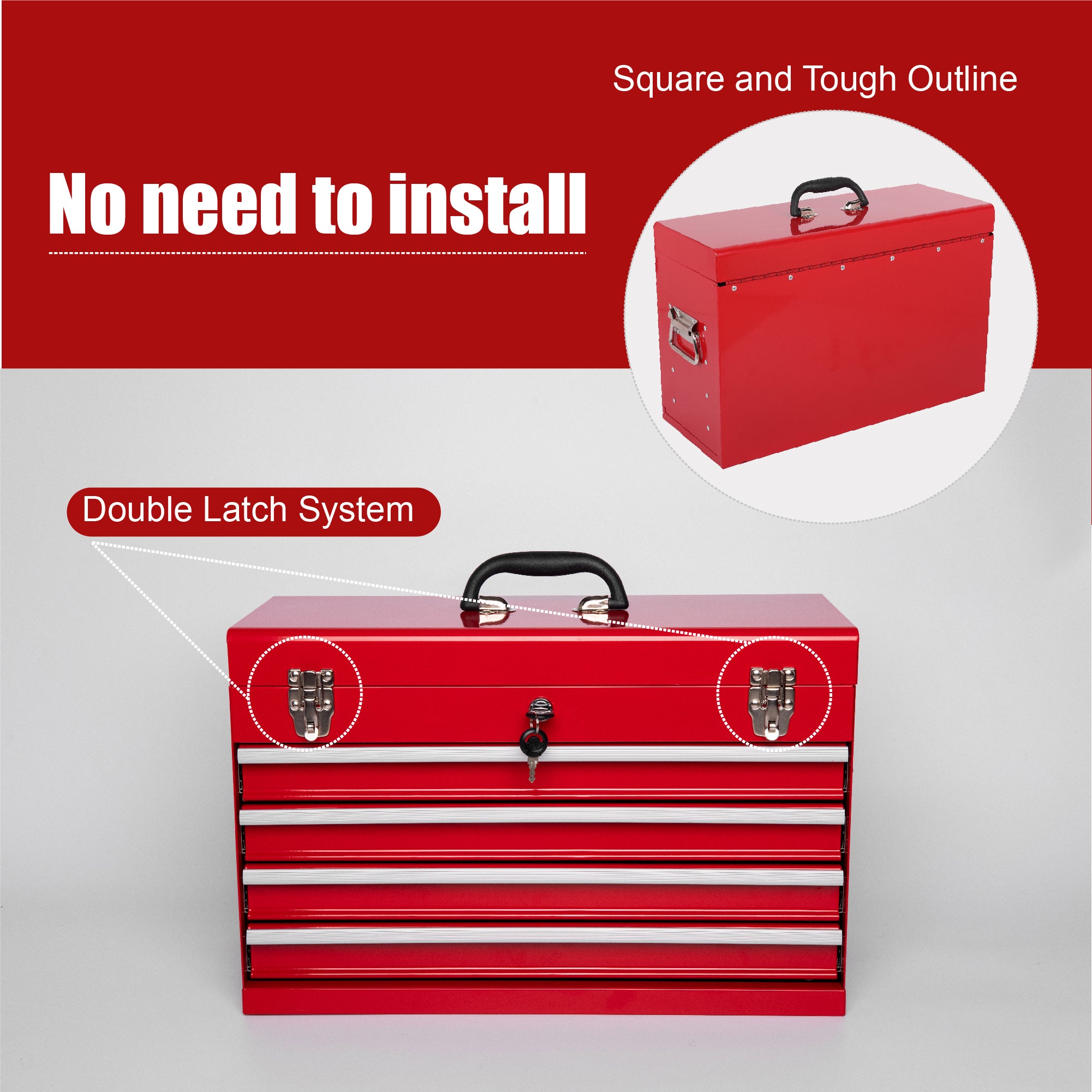 21" Heavy-Duty Red Steel Tool Box | 4 Smooth-Glide Drawers
