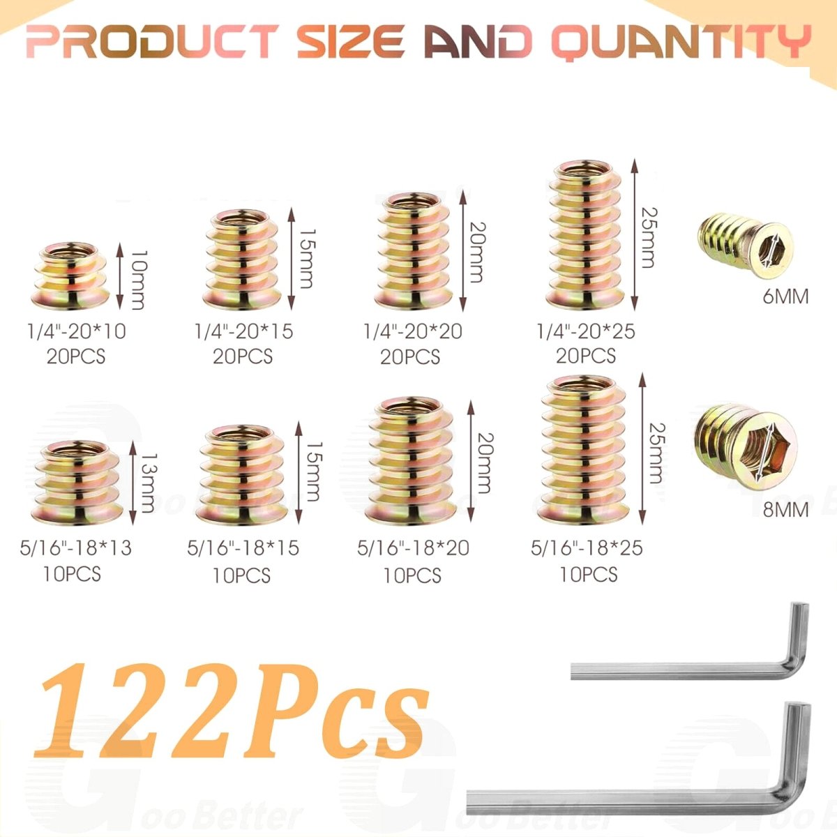 122PCS 1/4'' 5/16'' Furniture Threaded Inserts Nuts Screw,Wood Assortment Tool Kit - HomeDIYer
