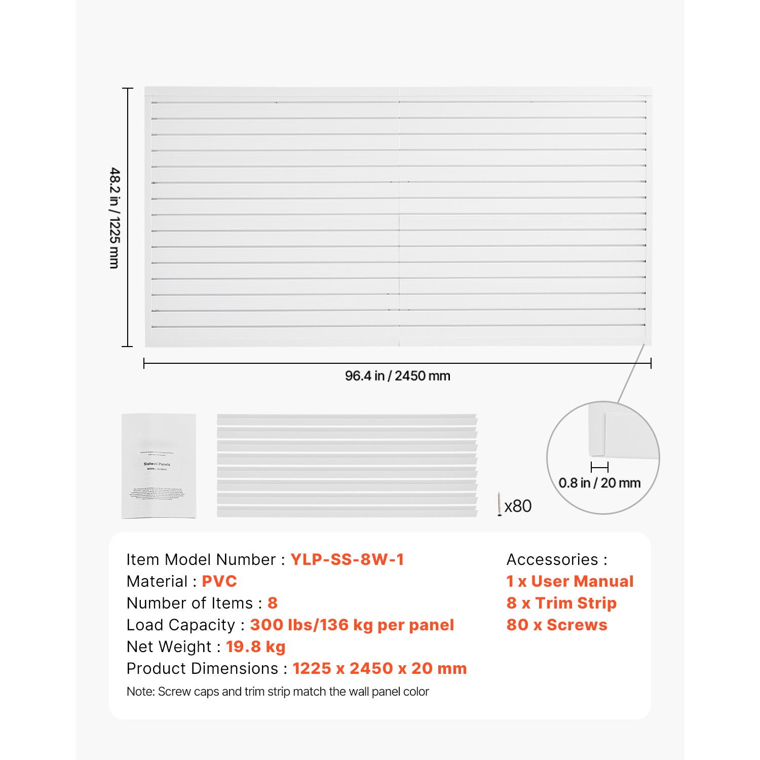 8 x 4 ft Slat Wall Paneling PVC White Garage Slatwall with Accessories