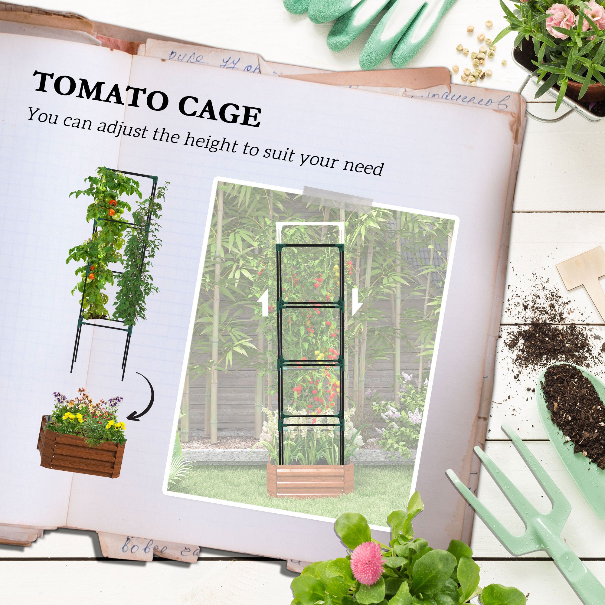 Outsunny Galvanized Raised Garden Bed, 24" x 24" x 11.75" Outdoor Planter Box with Trellis Tomato Cage and Open Bottom for Climbing Vines, Vegetables, Flowers in Backyard, Garden, Patio, Brown