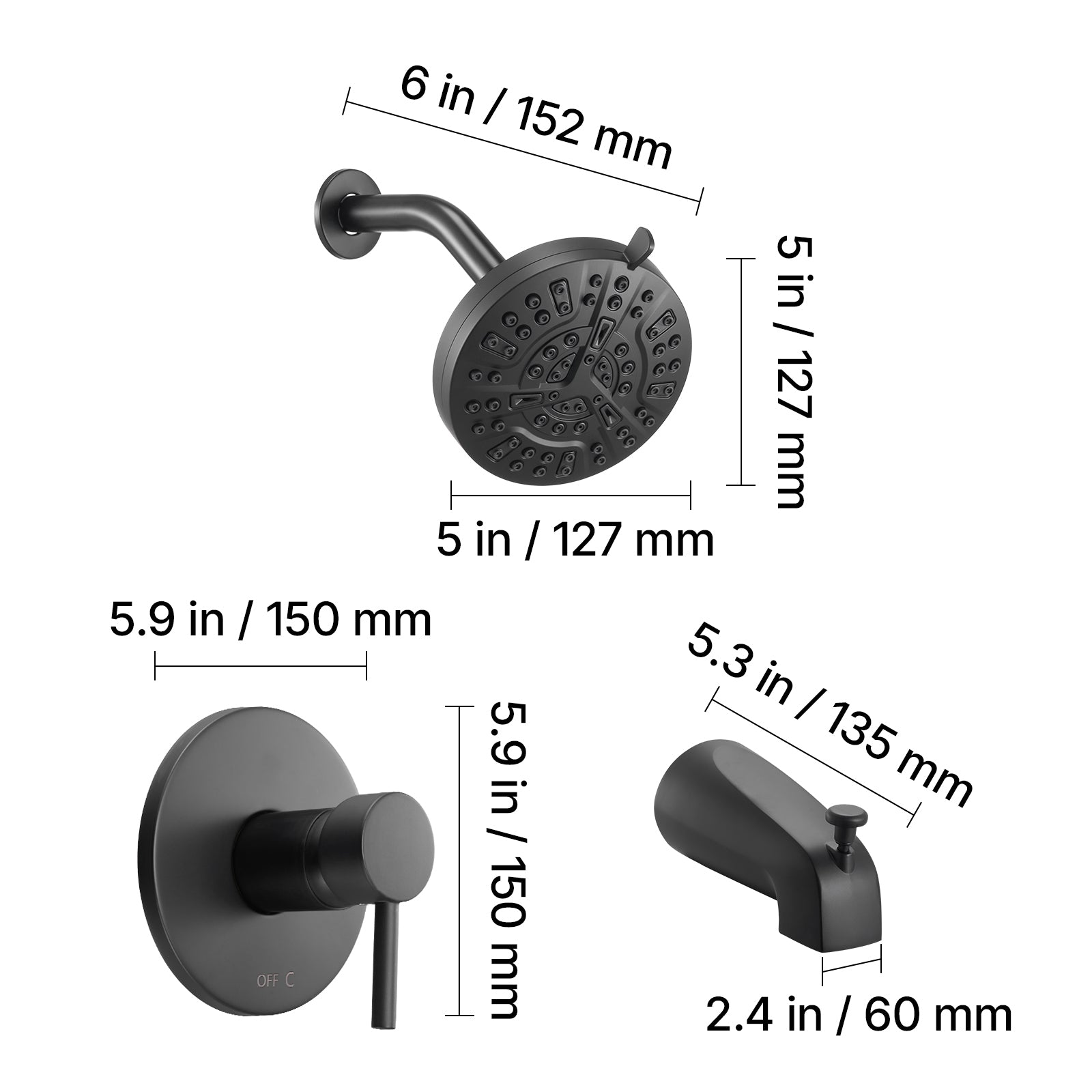 Complete Tub & Shower Faucet Set – 5" Rainfall Shower Head, 8 Spray Modes, Pressure Balancing Valve, Matte Black