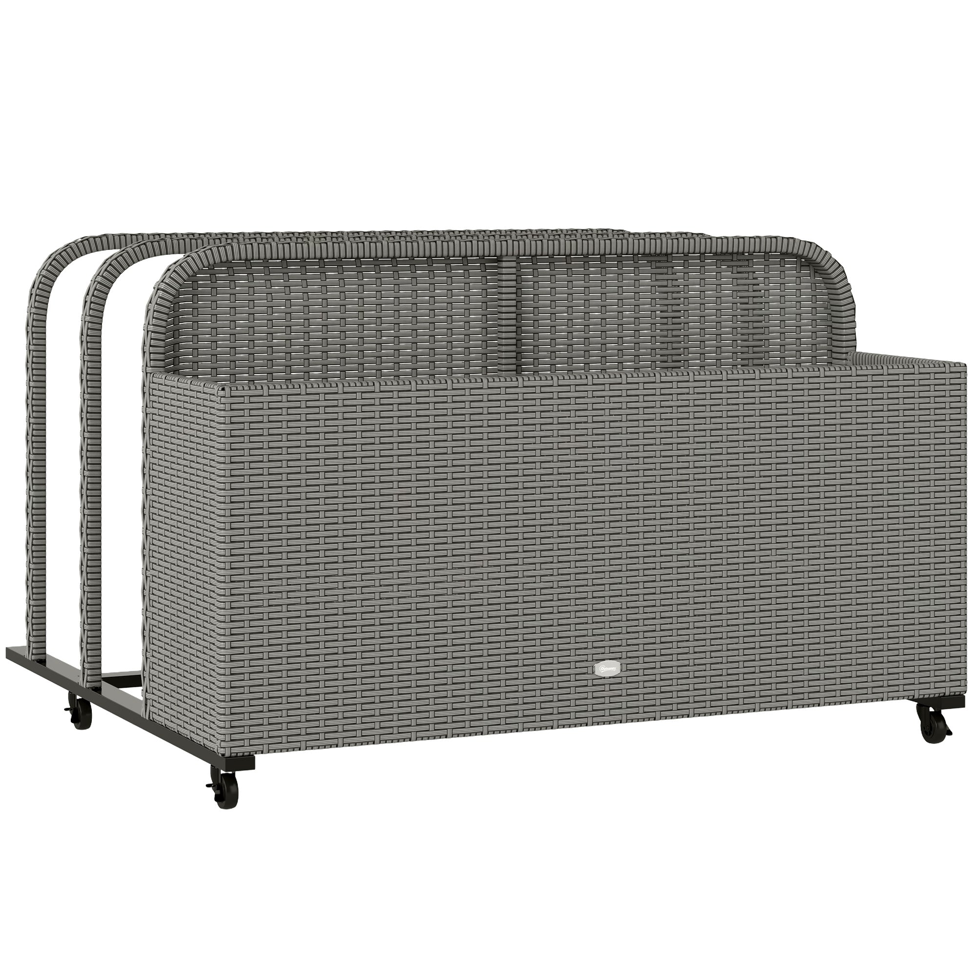 Outsunny Wicker Pool Float Storage Organizer, PE Rattan Outdoor Pool Float Holder with Rolling Wheels & Storage Rack, Mixed Gray