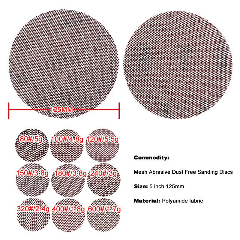 125mm Mesh Sanding Discs — P80 to P1000 Grit Hook & Loop Sandpaper for 5‑Inch Random Orbital Sanders