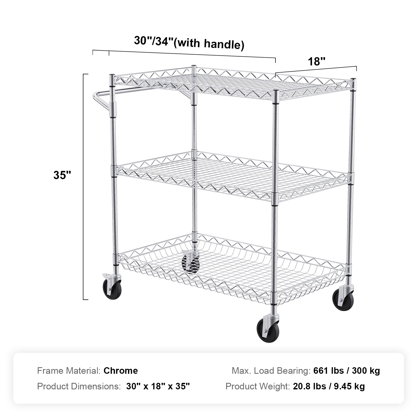 3-Tier Utility Cart Rolling Cart on Wheels 30"x18"x32.4" 661 LBS 6 Hooks