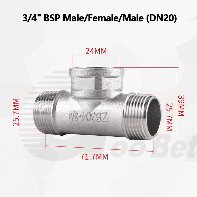 304 Stainless Steel BSP Tee Pipe Fitting — Male & Female Thread, 1/2" to 2"