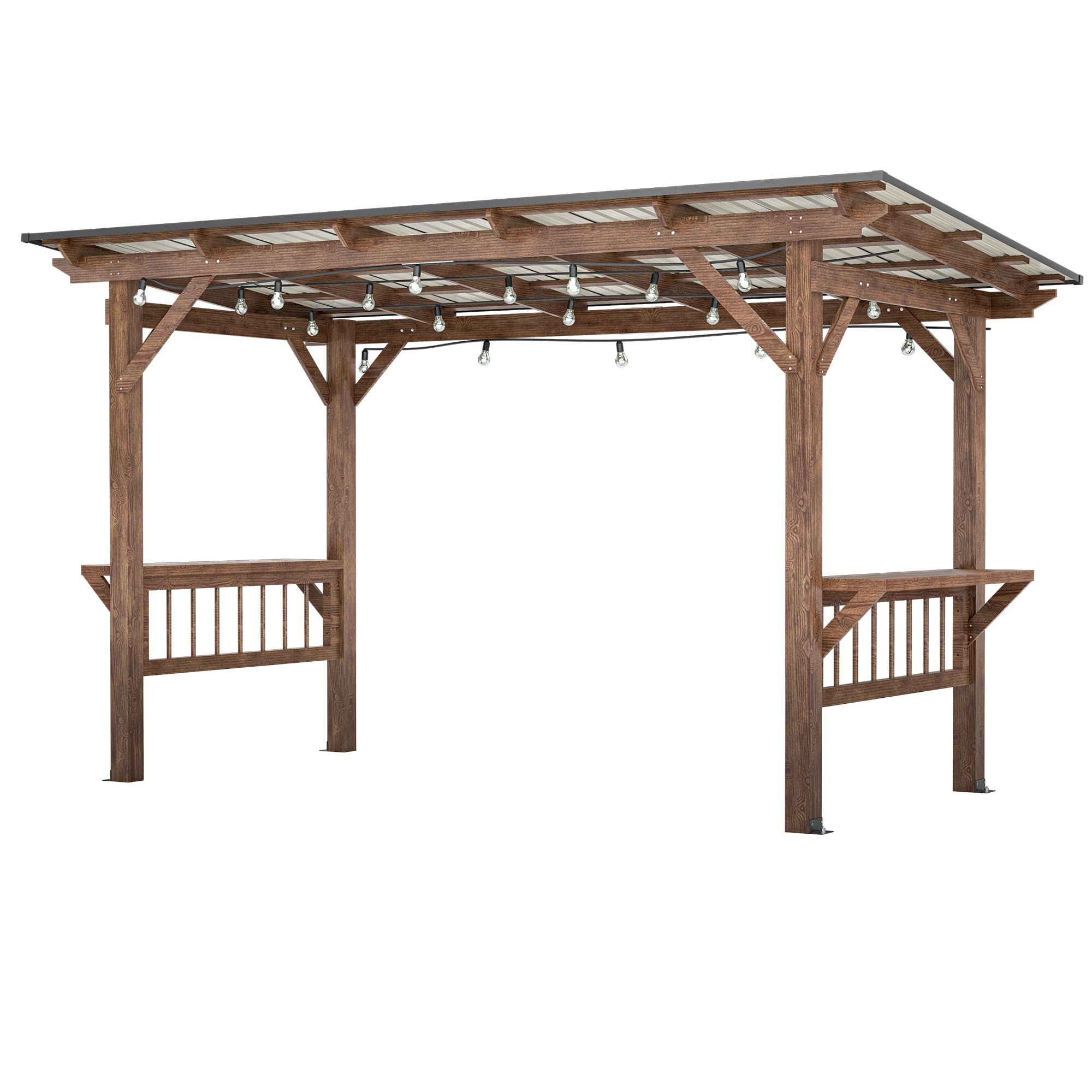 13x6.5 Ft Wooden BBQ Pergola Gazebo with Metal Roof, Built-In Bulbs & Bar Counters