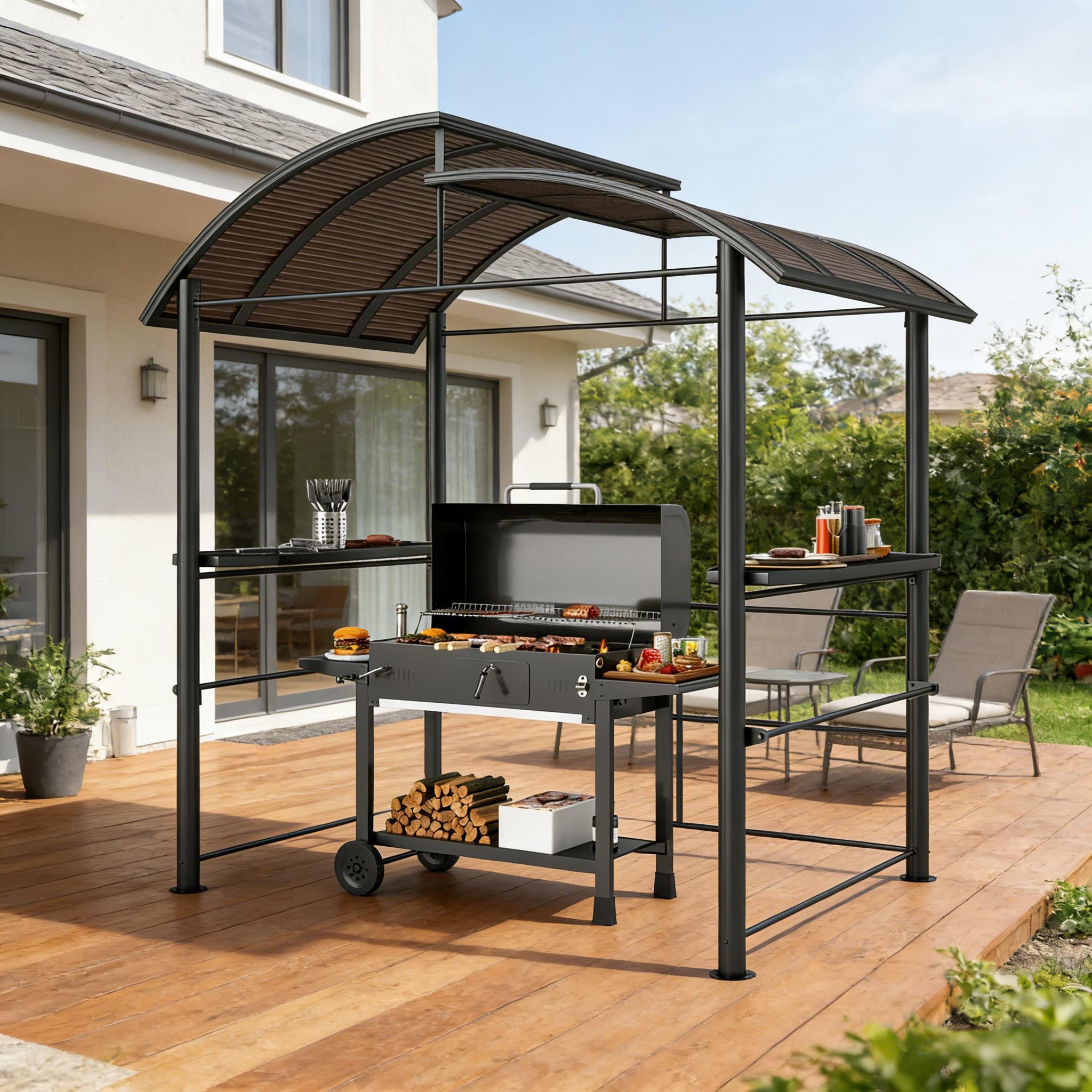 8x5 FT BBQ Hardtop Grill Gazebo, UV50+ Polycarbonate Roof, 2-Layer Smoke Vent, 2 Side Shelves, Dark Gray