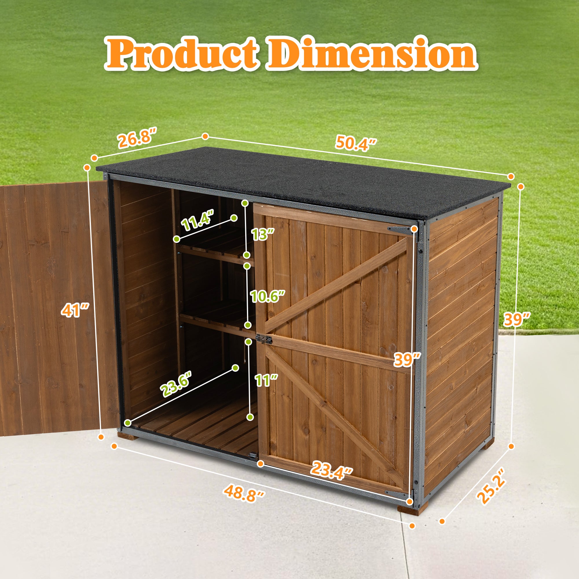 Outdoor Storage Cabinet 50.4"L X 26.8"W X 41"H, Garden Shed Tool Shed with Metal Frame Structure for Backyard Garden Patio Lawn (Brown) 