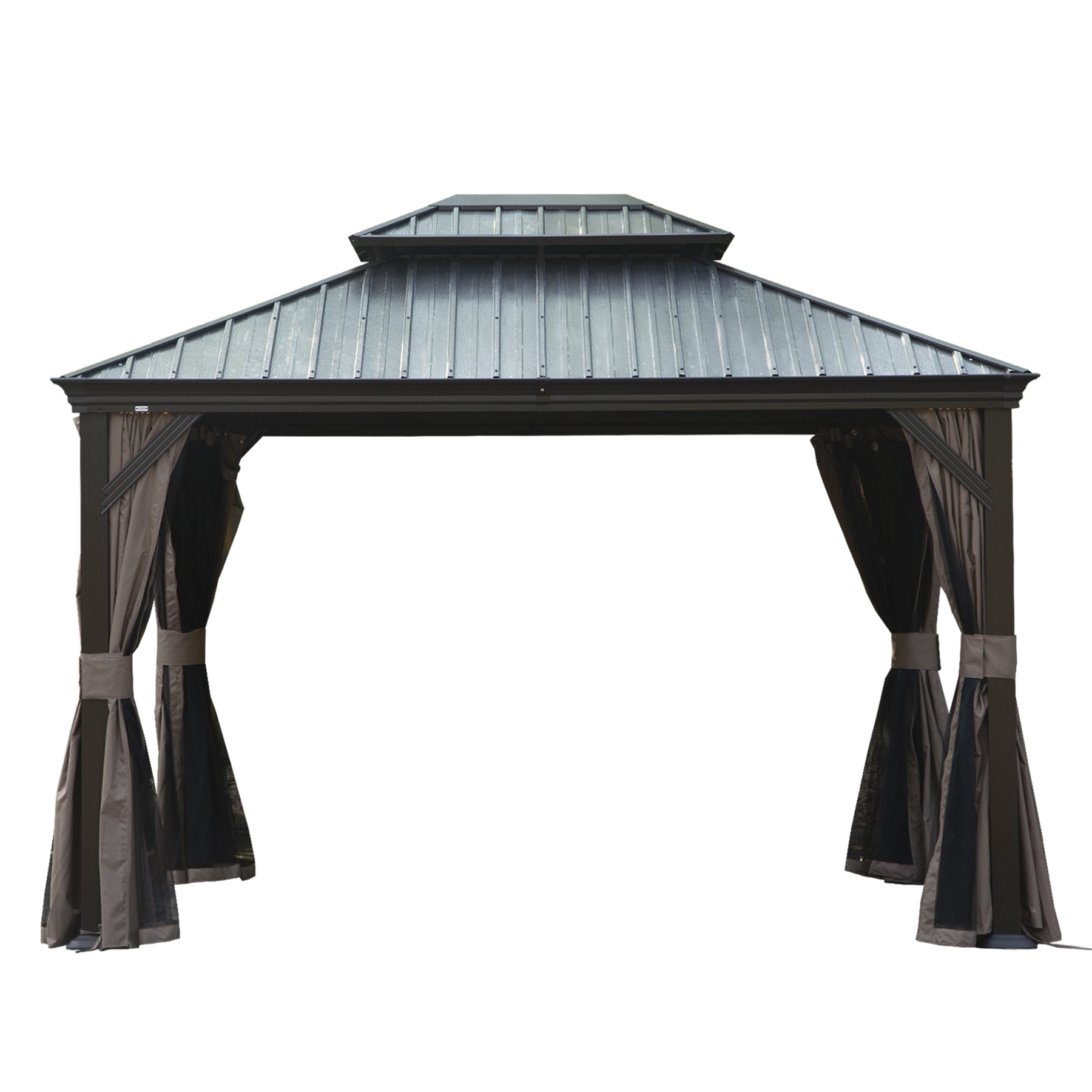 12x14 Ft Hardtop Gazebo, Dual-Layer Galvanized Steel Roof, Built-In Drainage, Curtains & Netting, Brown