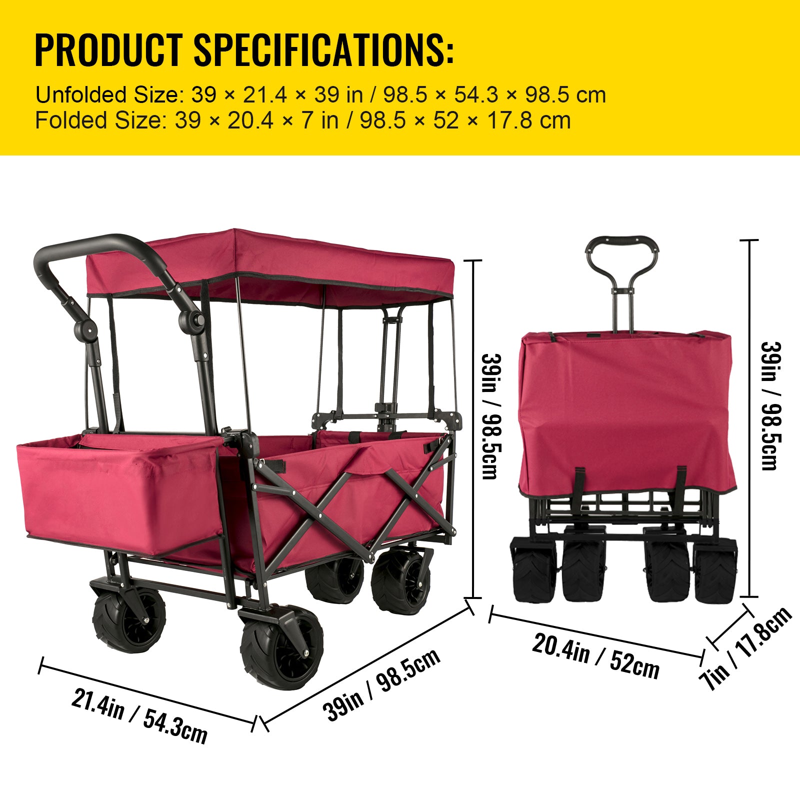 Extra Large Collapsible Garden Cart with Removable Canopy, Folding Wagon Utility Carts with Wheels and Rear Storage, Wagon Cart for Garden, Camping, Grocery Cart, Shopping Cart, Red