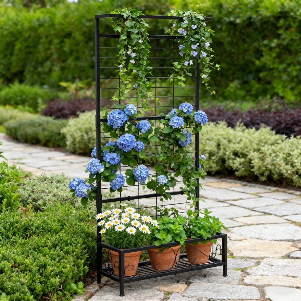 Plant Holder,Metal Tall Plant Stand with Trellis and Hanging Bar,for Indoor Outdoor Use
