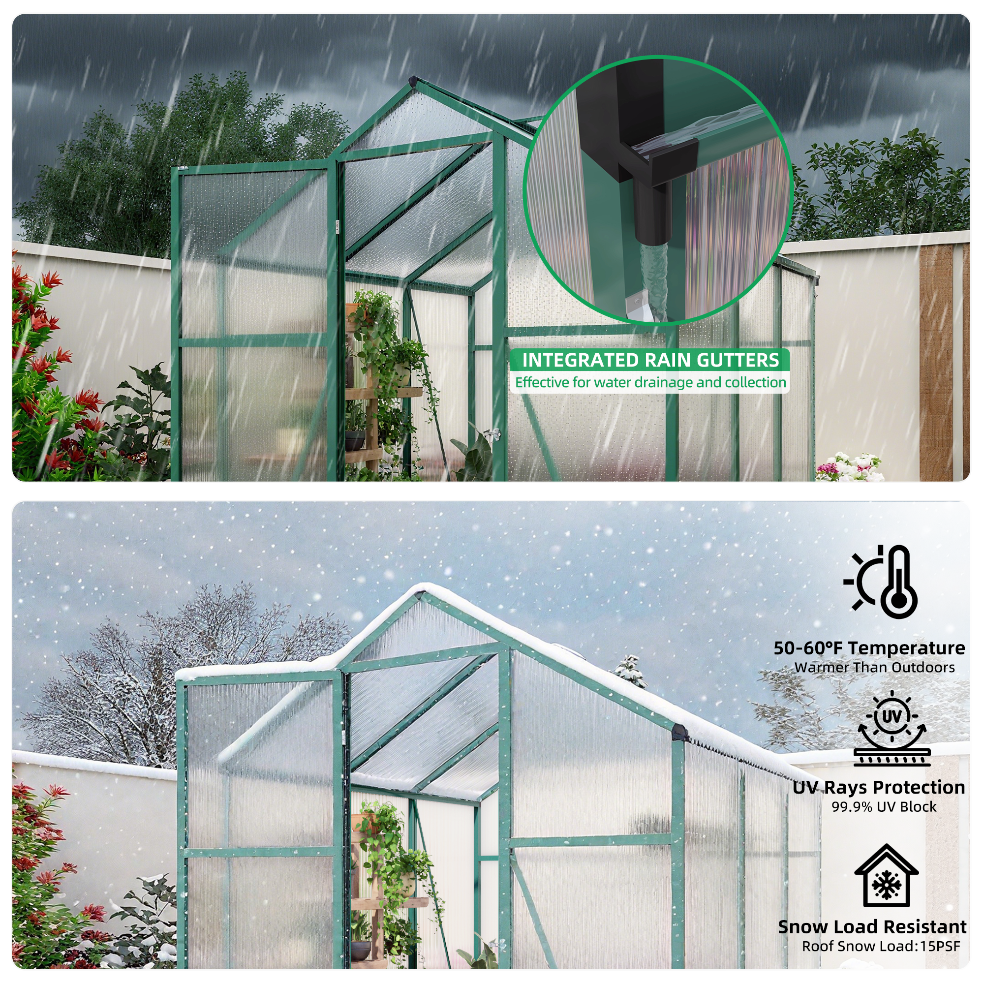 6ft x 6ft Heavy‑Duty Aluminum Walk‑In Greenhouse — Wind‑Resistant Polycarbonate Panels with Raised Base & Drainage System Green