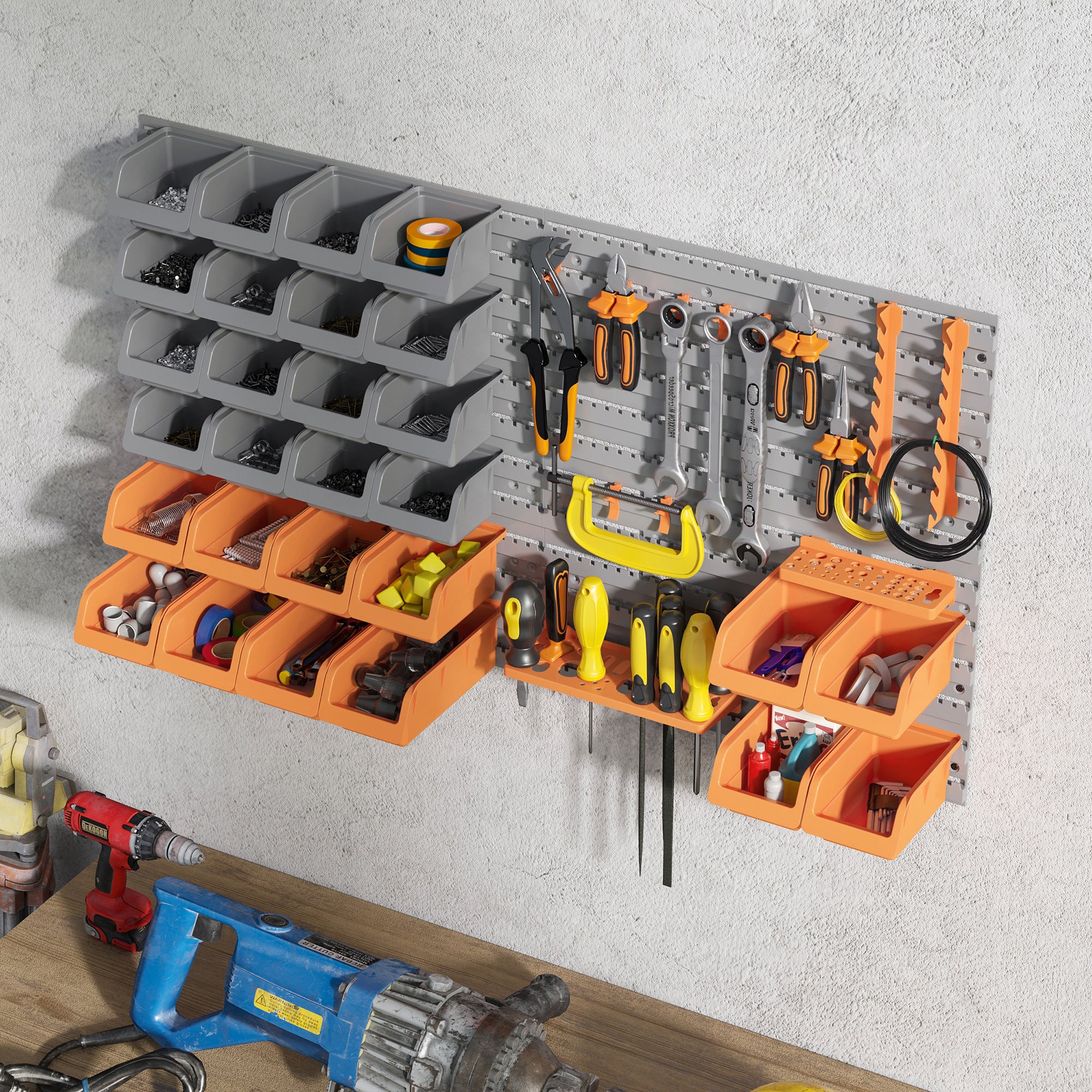 44-Piece Wall Mounted Pegboard Tool Organizer Kit with Storage Bins & Hooks, 66 lb Capacity, Orange