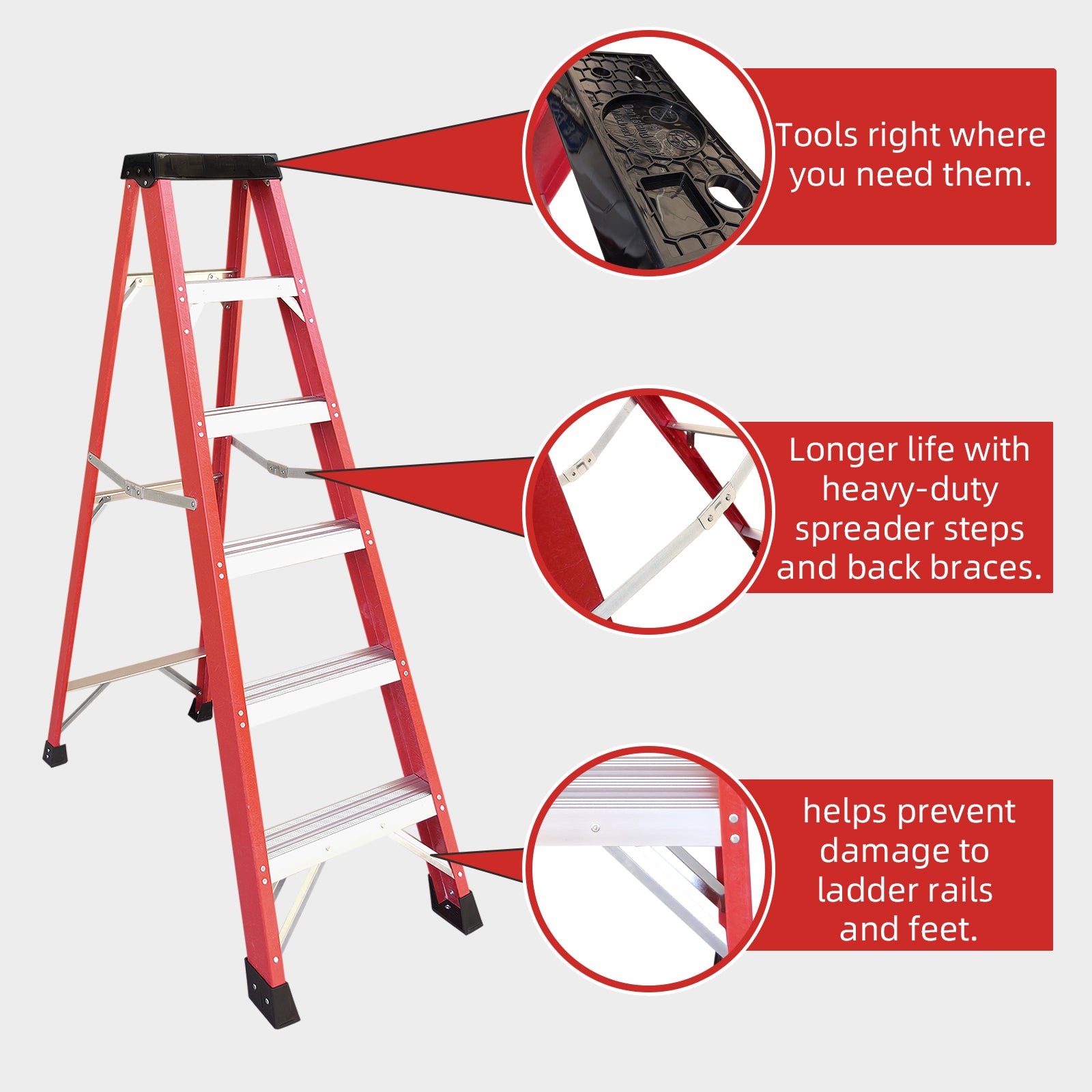 Fiberglass Step Ladder — 330 lb Capacity, Non‑Conductive, Safety Red, 11" Step Spacing