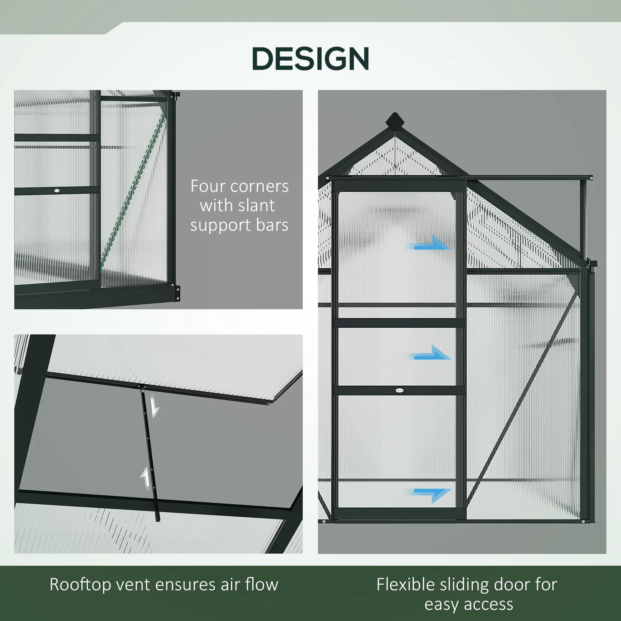 6.2ft x 8.3ft x 6.6ft Heavy‑Duty Aluminum Walk‑In Greenhouse — Polycarbonate Panels Sliding Door & Rooftop Vent Gray