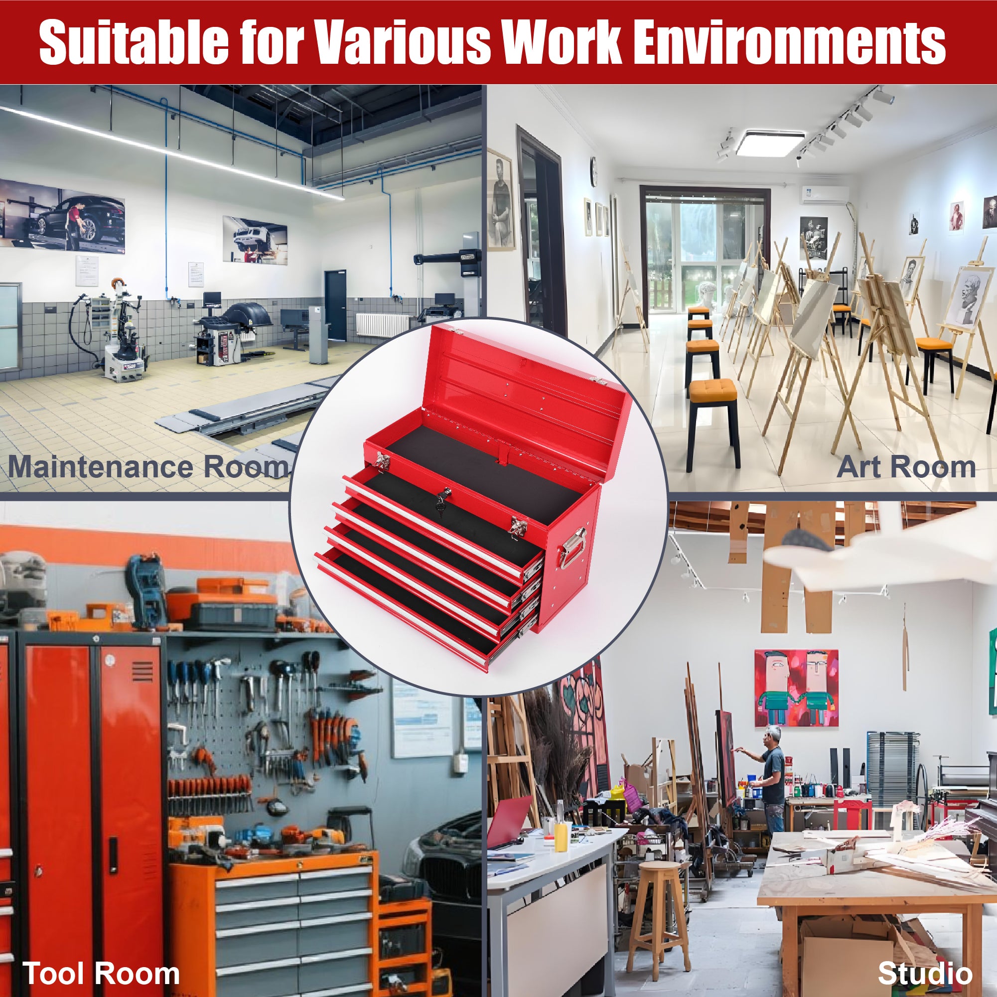 21" Heavy-Duty Red Steel Tool Box | 4 Smooth-Glide Drawers