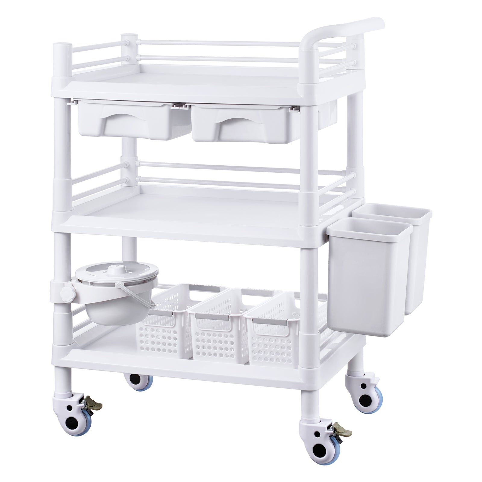 3 Tiers Lab Carts Mobile Medical Cart with 3 Trays & 3 Trash Cans White, Trolley Storage Cart with PP Material, Lab Rolling Cart with 4 Silent Wheels for Lab, Clinic, Hospital, Salon, Office