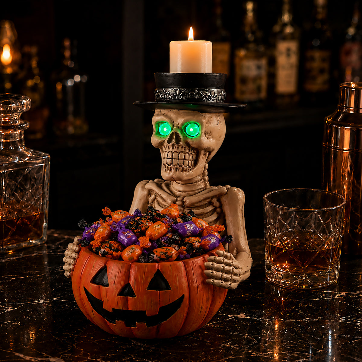 Halloween Skeleton Candy Bowl with LED Eyes & Top Hat Candle Holder