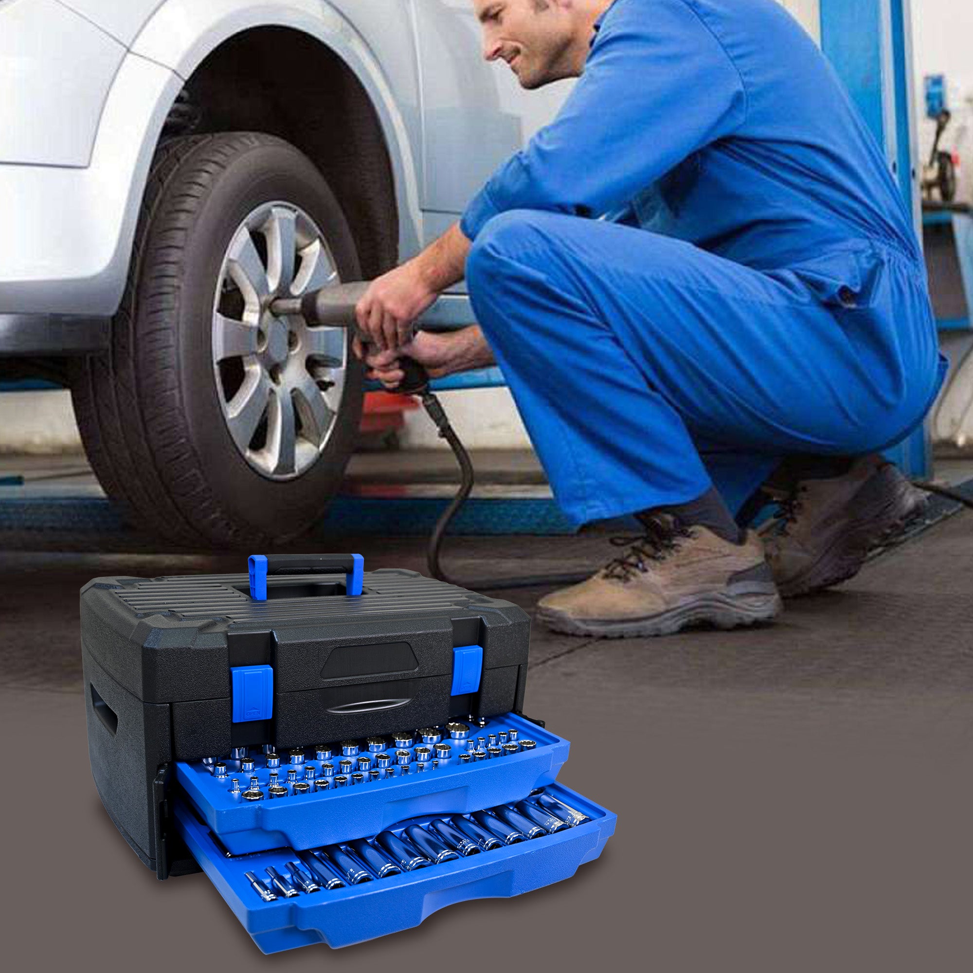 266‑Piece Black Tool Set with Lockable Case — Carbon Steel Home & Auto Repair Kit, Blue Accents