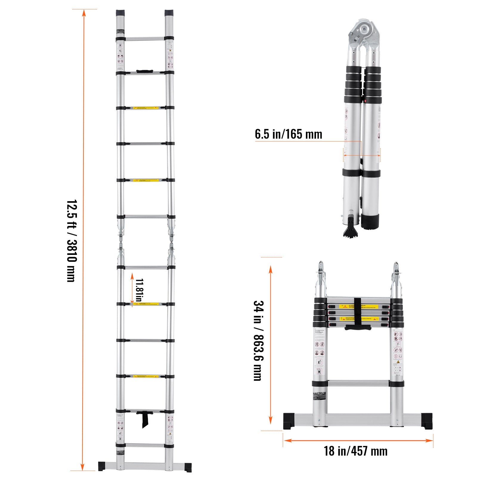 12.5FT Telescoping A‑Frame Ladder with Stabilizer Bar — 375 lb Capacity, Aluminum, Silver